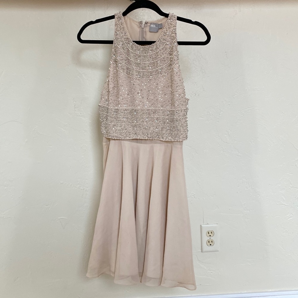 Nude beaded mini skater dress